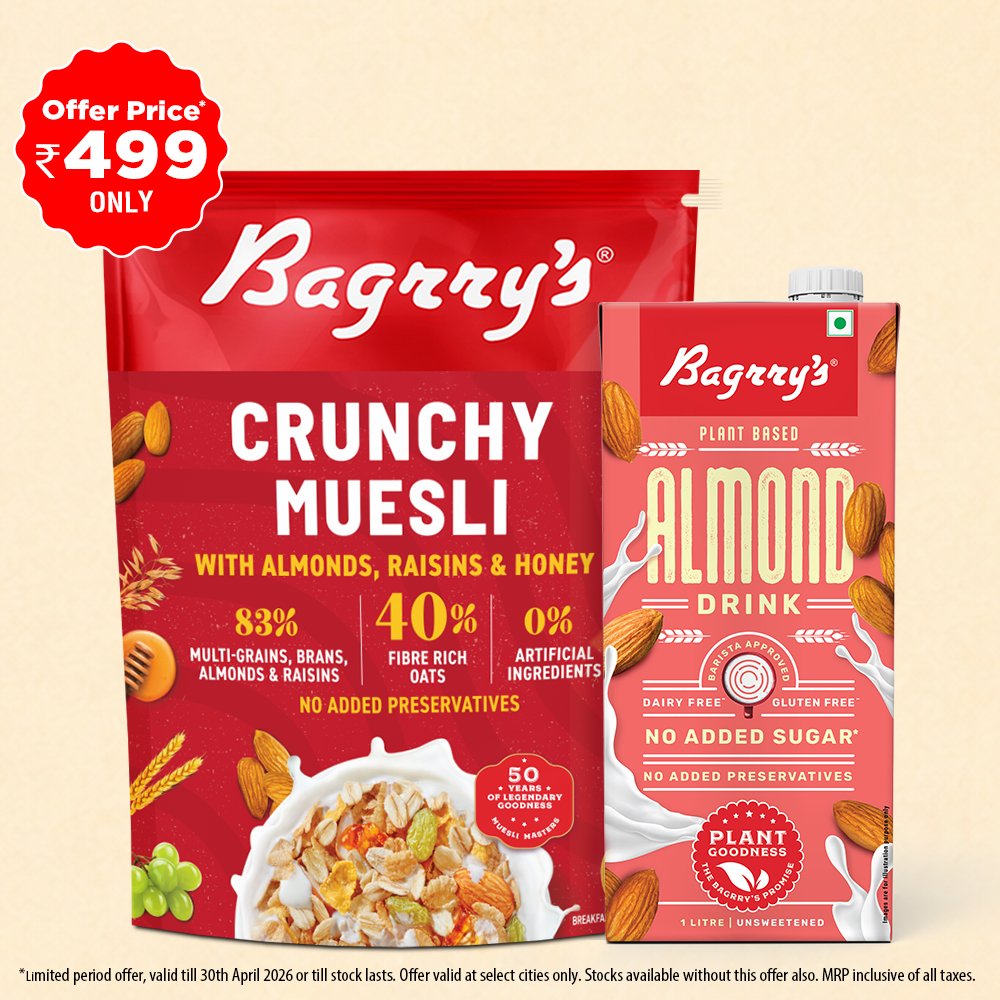 Bagrry’s Breakfast Combo – Crunchy Muesli (Almonds, Raisins & Honey) 425g + Almond Drink 1000ml