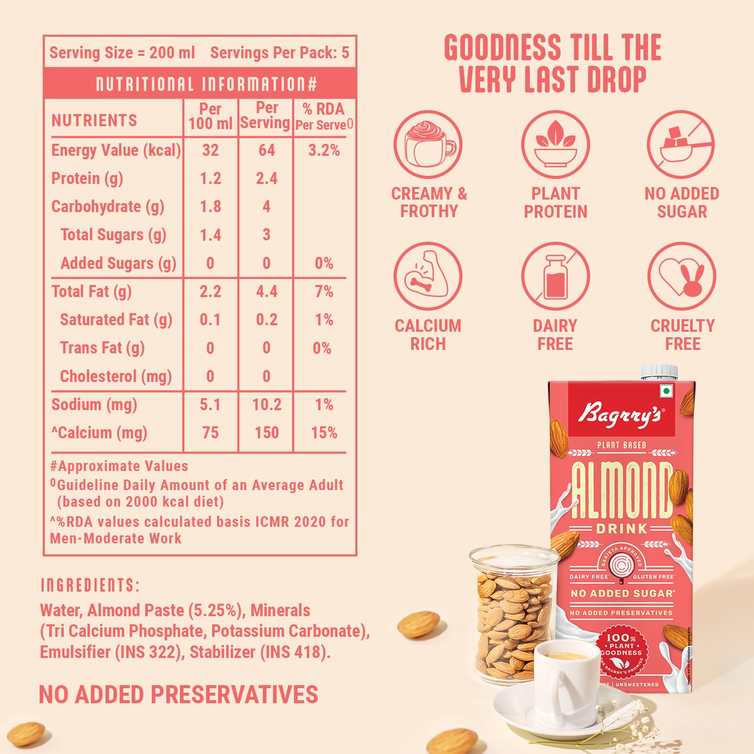 Almond Drink - Plant Based, Gluten Free, 1L