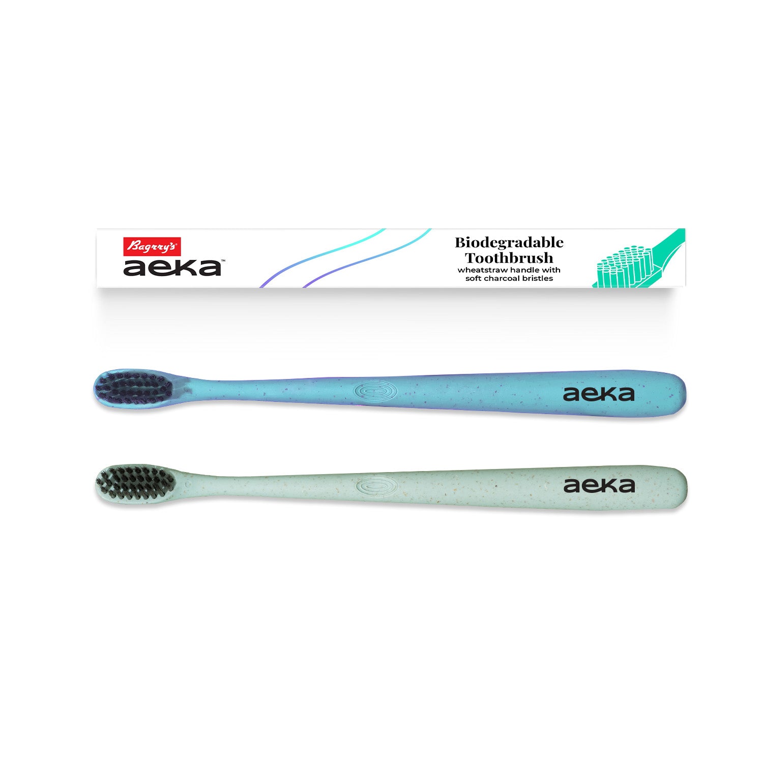 Aeka Biodegradable Toothbrush | Wheat Straw Handle - Pack of 2 (Green & Blue)
