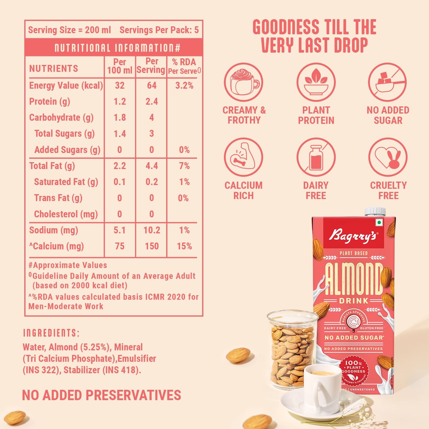 Almond Drink - Plant Based, Gluten Free, 1 Liter