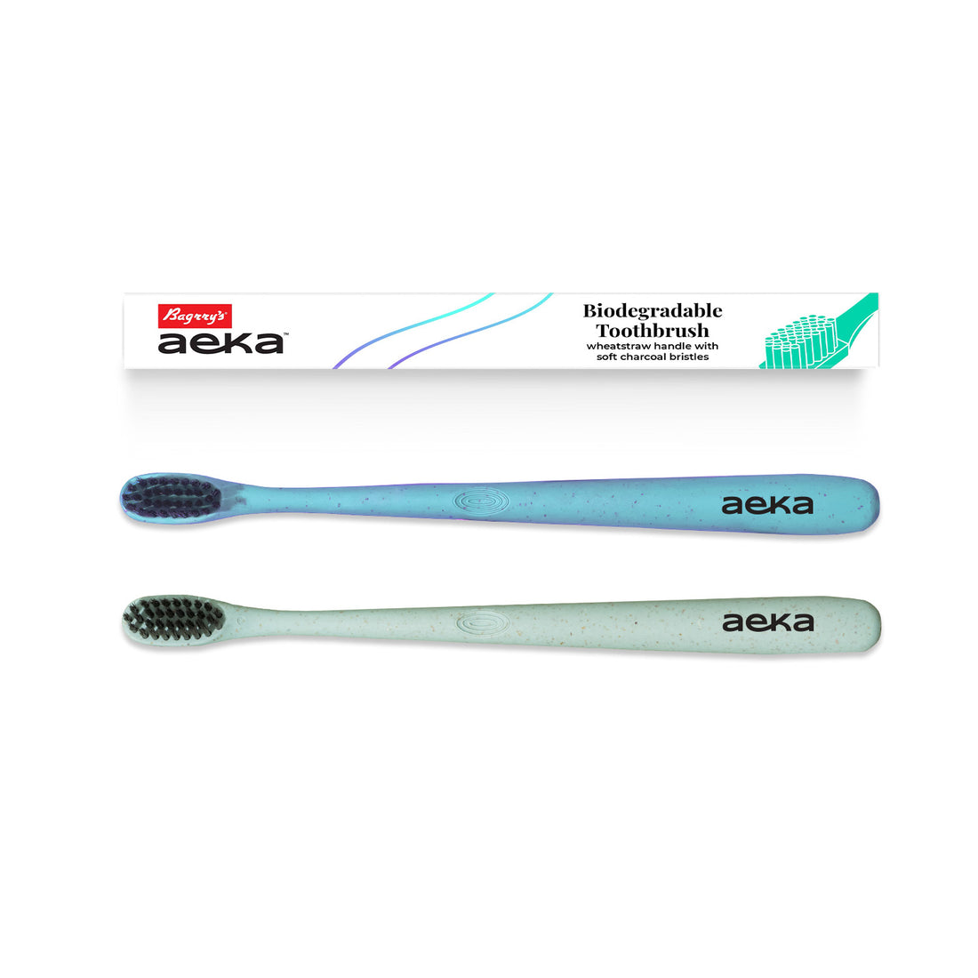 Aeka Biodegradable Toothbrush | Wheat Straw Handle - Pack of 2 (Green &amp; Blue)