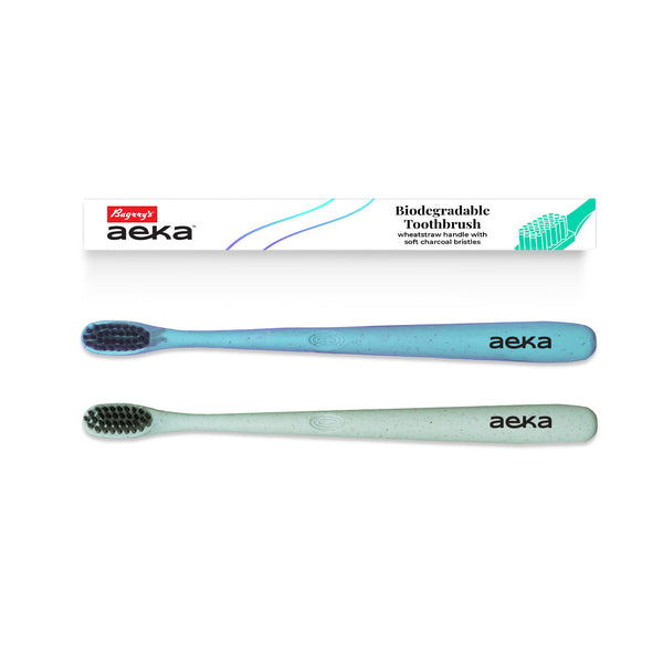 Aeka Biodegradable Toothbrush | Wheat Straw Handle - Pack of 2 (Green & Blue)