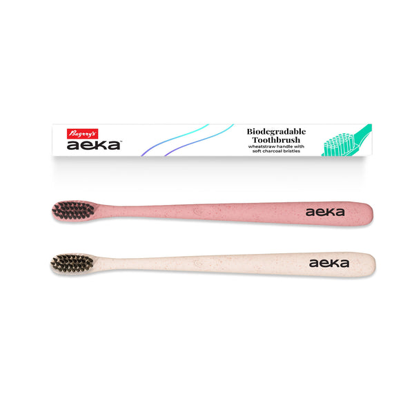 Aeka Biodegradable Toothbrush | Wheat Straw Handle - Pack of 2 (Pink & White)