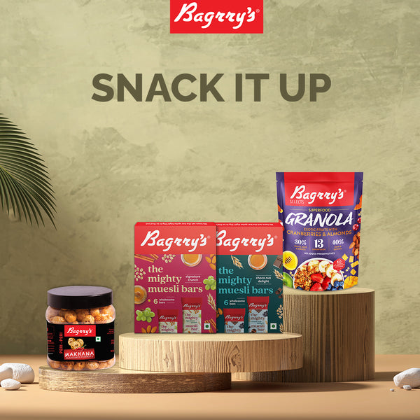 Bagrry's Snack It Up!! Combo (Peri Peri Makhana, Choconut Muesli Bar, Granola Exotic Fruit, Signature Muesli Bar)
