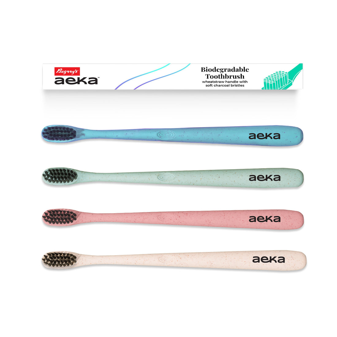 Aeka Biodegradable Toothbrush | Wheat Straw Handle - Pack of 4 (Green, Pink, White, Blue)