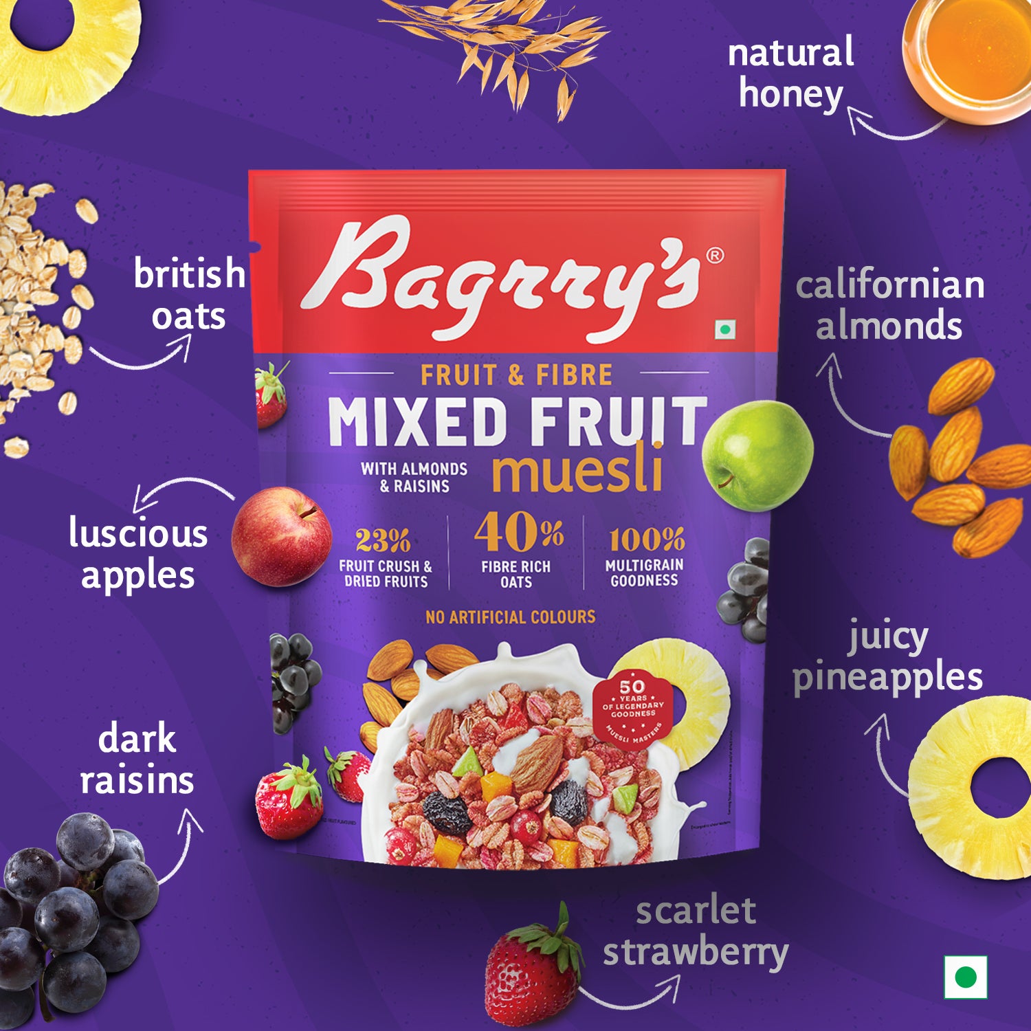 Bagrry's Fruit & Fibre Muesli with Mixed Fruit High in Fibre, Protein