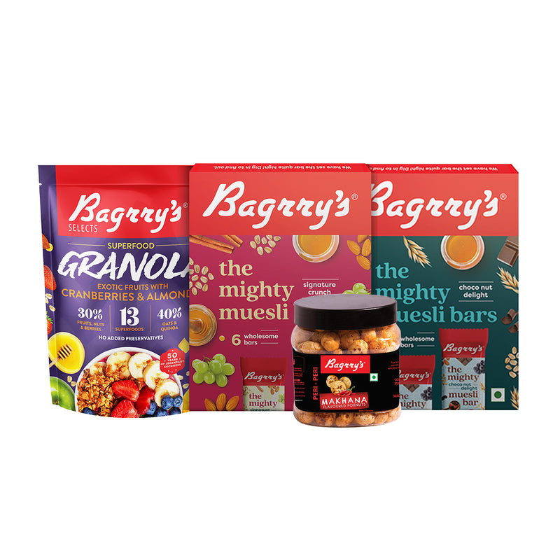Bagrry's Snack It Up!! Combo (Peri Peri Makhana, Choconut Muesli Bar, Granola Exotic Fruit, Signature Muesli Bar)