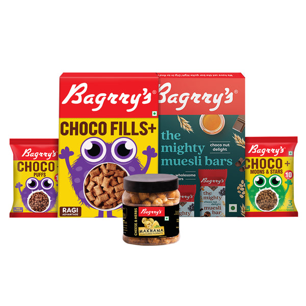 Bagrry's Munchies for Kids Combo (Cheese & Herb Makhana, Choconut Muesli Bar, Choco Fills, Choco+  Moons and Stars, Choco+ Puffs)